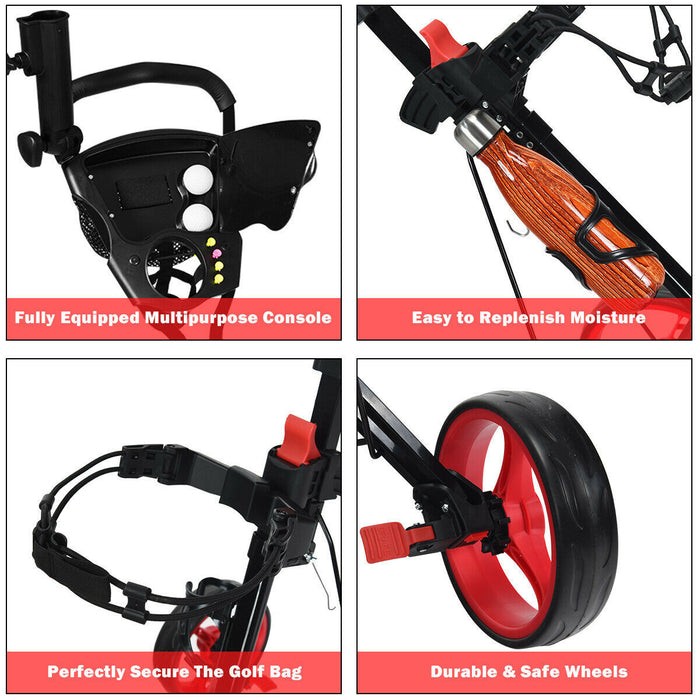 Costway Foldable 3 Wheel Push Pull Golf Club Cart Trolley W/seat Scoreboard Bag Red