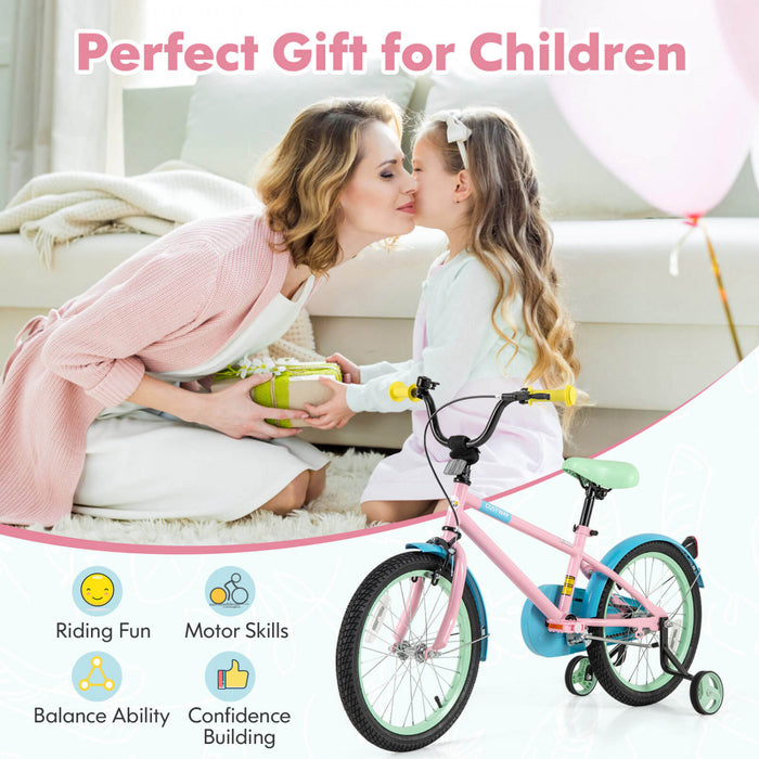 Costway 18\" Kids Bike With Adjustable Saddle Handlebar Removable Training Wheels Handbrake Pink