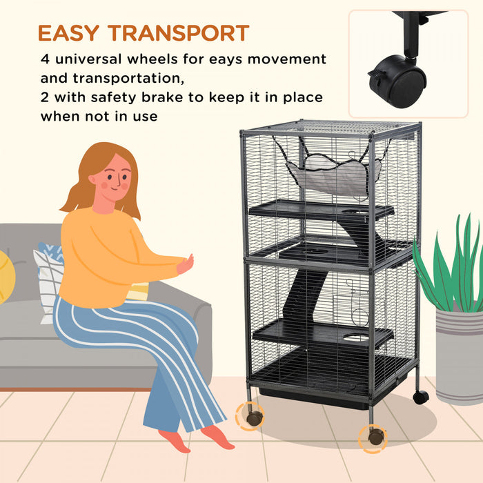 Pawhut 4-tier Rolling Small Animal Cage Pet Mink Chinchilla Small Cat Hutch Pet Play House With Hammock Platform, Ramp,removable Tray For Pet Mink, Chinchilla, Small Cat