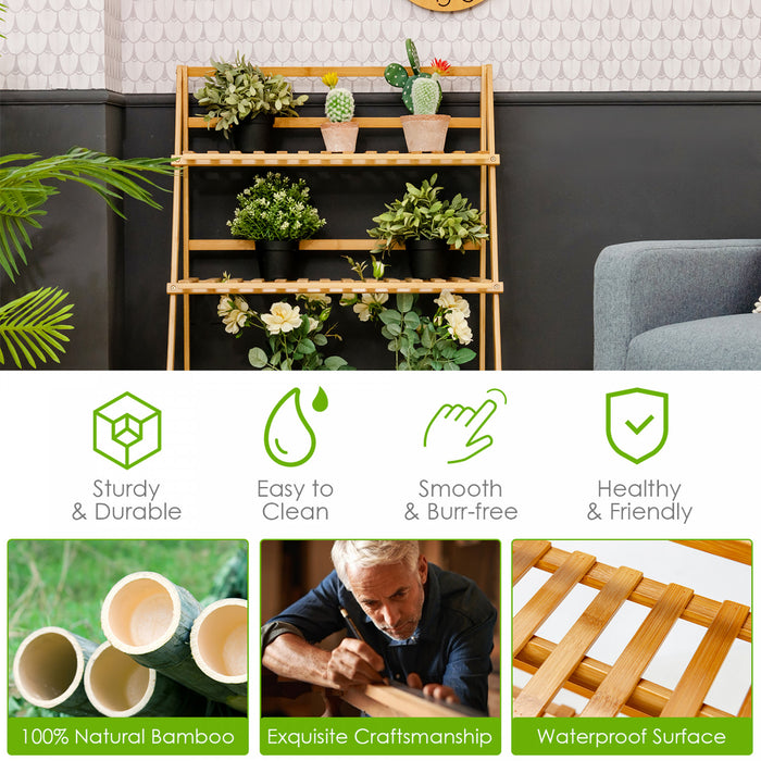 Costway 3 Tier Bamboo Flower Pot Shelf Stand Folding Display Rack Garden Yard