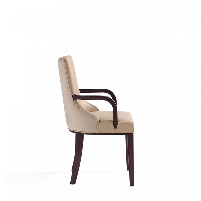 Shubert Modern Wood Vegan Leather and Velvet Armchair in Tan - Set of 2