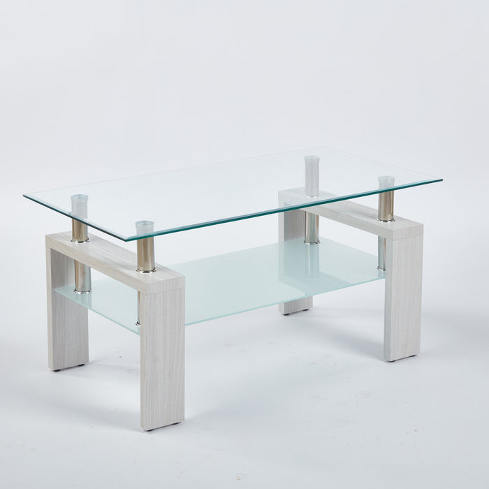 Lucius Modern Geometric Design Tempered Glass Coffee Tablewith Metal Frame and Clear Glass,White