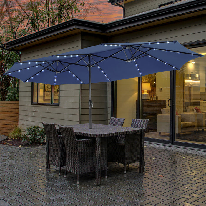 Costway 15FT Twin Patio Double-Sided Umbrella 48 Solar LED Lights Crank Outdoor Navy