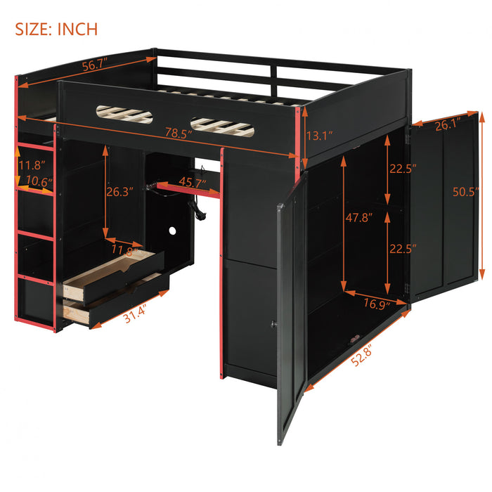 Jerry Wood Loft Bed with Desk and Storage,Full Size,Red Full Bed