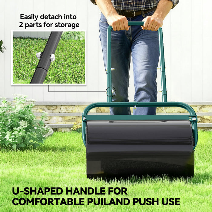 Outsunny 20\" Push/Tow Behind Lawn Roller, Heavy Duty Sod Drum Roller Filled with 11 Gal Water/136 Lbs Sand, Grass Flattener for Yard, Patio, Park, Green