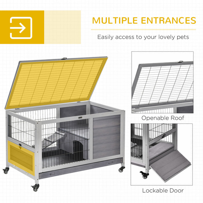 Pawhut Wooden Indoor Rabbit Hutch Elevated Bunny Cage Habitat With Enclosed Run With Wheels, Ideal For Rabbits And Guinea Pigs, Grey