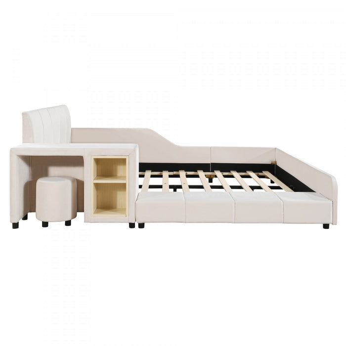 Lily Velvet Upholstered Grounded Bed with Desk and Stool,Full Size,Beige Full Bed