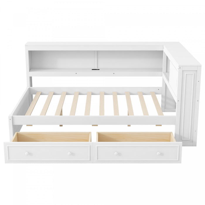 Arthur Full Size Wood Daybed with LED Light, USB Port and 2 Storage Drawers, White