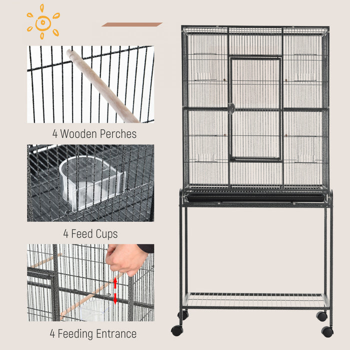 Pawhut 64\" Large Bird Cage, Rolling Metal Parrot Cage, Bird House With Detachable Rolling Stand, Storage Shelf, Wood Perch, Food Container