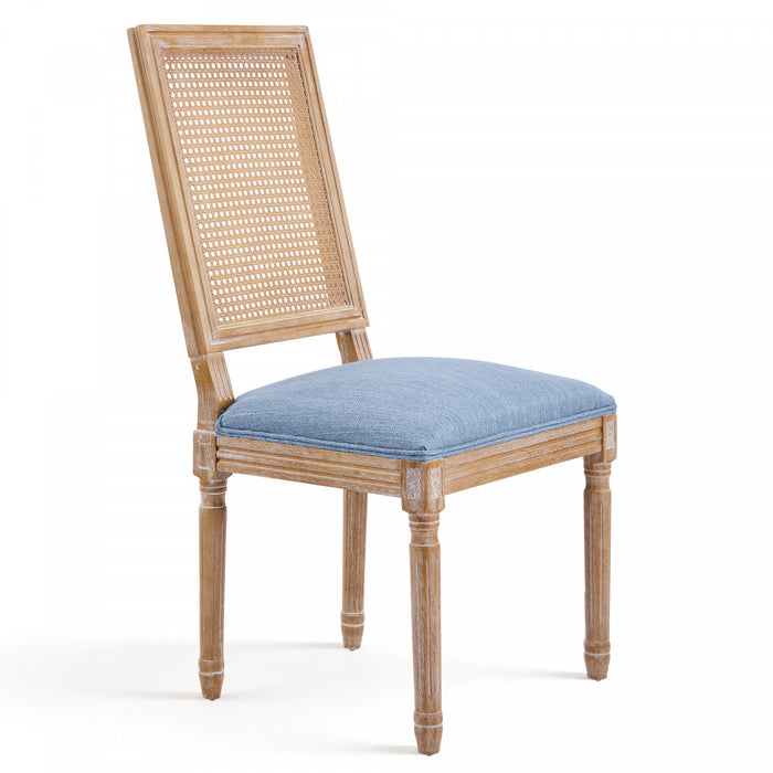 Oliver Solid Wood Rubberwood Dining Chair Set of 2 with Upholstered Seat Cane Backrest and Fluted Legs,Blue