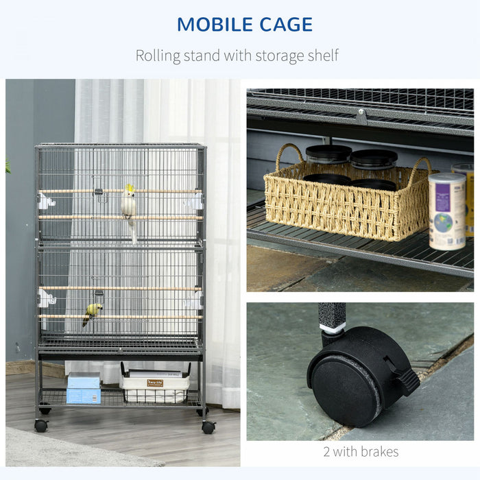Pawhut 52\" Large Rolling Steel Bird Cage Bird House With Rolling Stand, Storage Shelf, Wood Perch, Food Container, Dark Grey