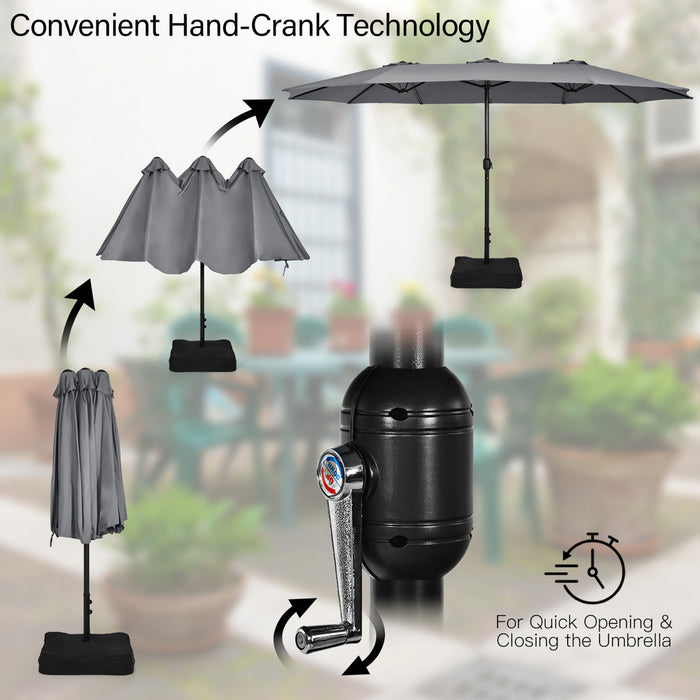 Costway 15FT Double-Sided Twin Patio Umbrella Outdoor Market W/ Crank & Base Grey