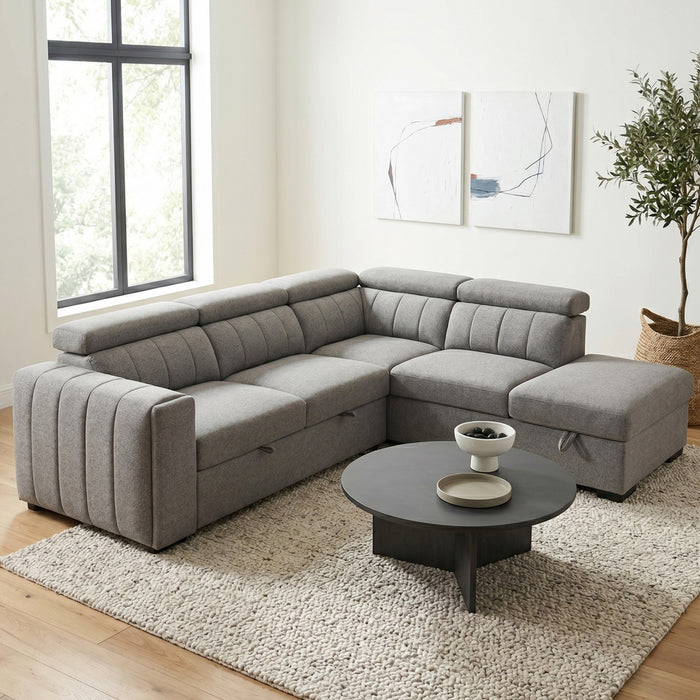 Keane 101 in. Fabric Sleeper Sectional with Storage Chaise and Adjustable Headrests - Grey