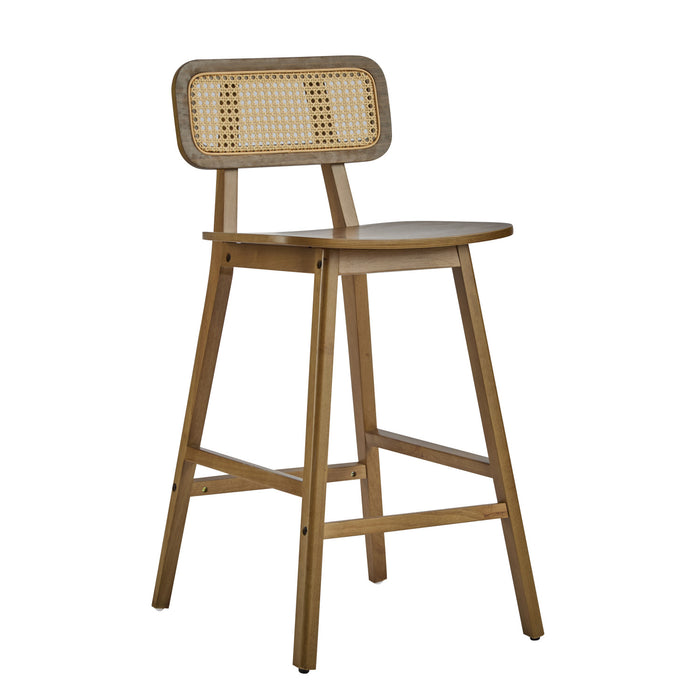 Bari Rubber Wood Counter Stool Set of 2 with Rattan Back and Footrest,Walnut