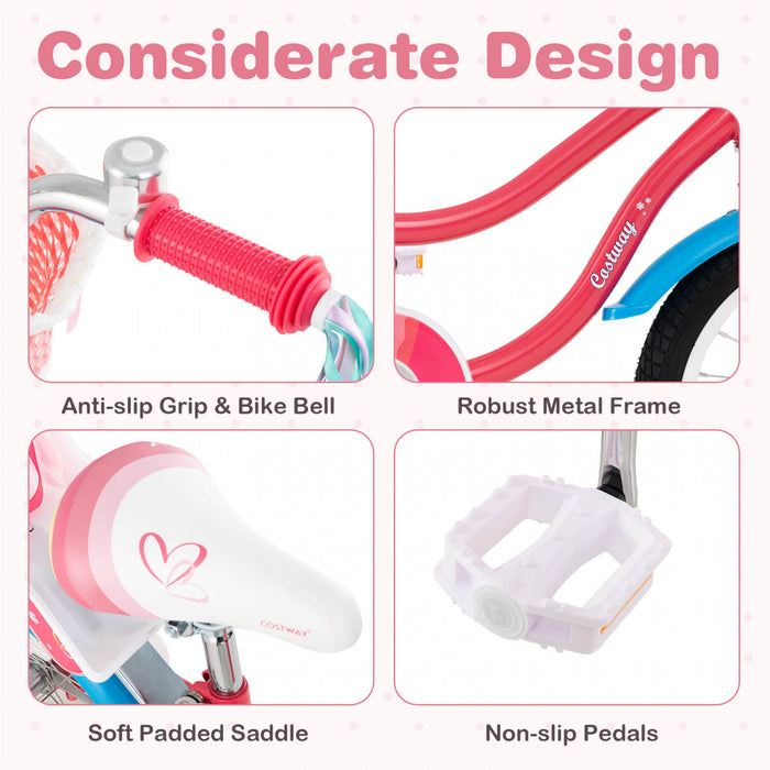 Costway 16\" Kids Bike With Basket Doll Seat & Colorful Streamers 2 Training Wheels Pink