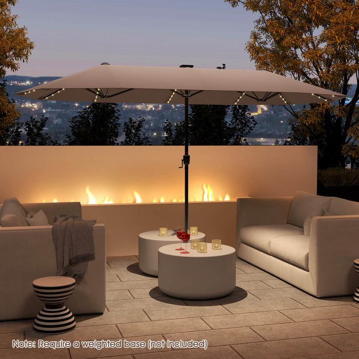 Costway 13 FT Large Patio Umbrella with LED Solar Lights Crank Handle 12 Heavy-Duty Ribs Brown