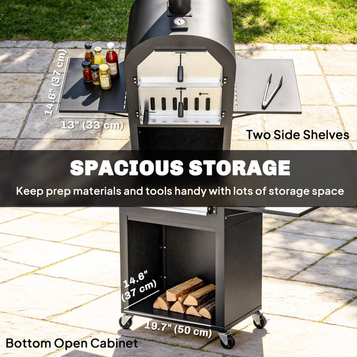 Outsunny Outdoor Wood Fired Pizza Oven with Side Shelves and Open Cabinet, Pizza Maker on Wheels with Thermometer, Stone, Peel, Cover, Grill Grate, for Barbecue, Picnic, Camping