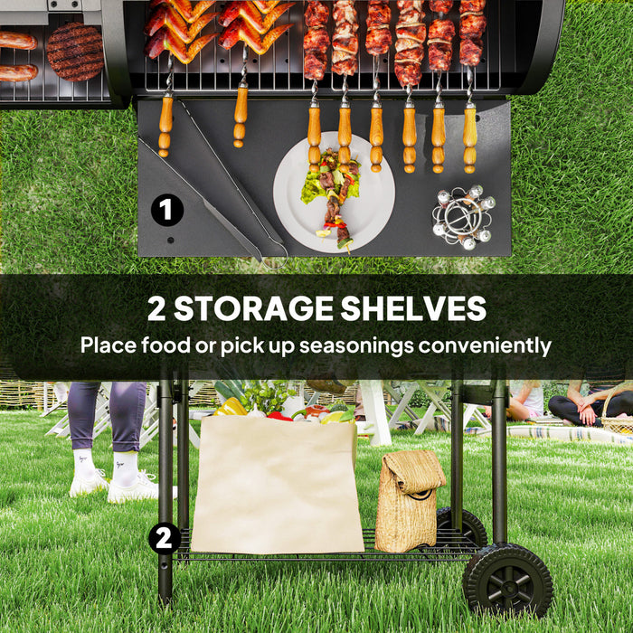 Outsunny Portable Outdoor Charcoal BBQ Grill with Offset Smoker, Barbecue Grill with Spacious Cooking Area, 2 Shelves, Thermometer, Wheels for Patio Backyard Party, Black