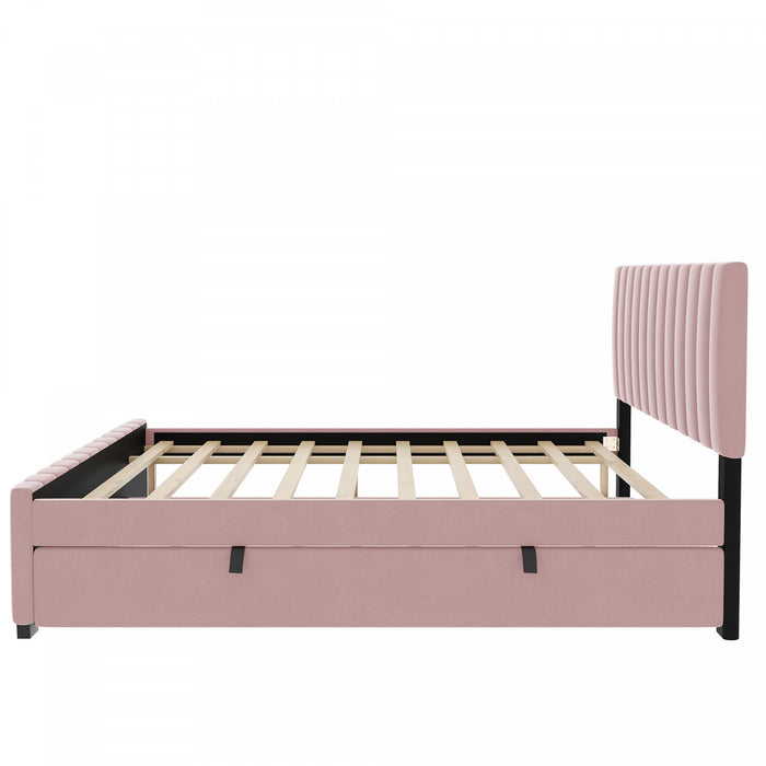 Ethan Space-Saving Velvet Upholstered Platform Bed with Trundle,Full Size,Pink Full Bed