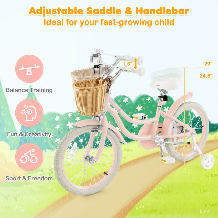 Costway 18\" Kid's Bike With Training Wheels Adjustable Handlebar Seat Handbrake Pink