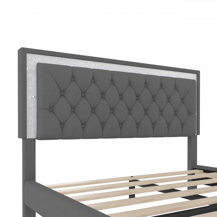 Sophia 3 Piece Velvet Tufted Headboard Bedroom Set With Upholstered Bed And Led Lights,queen Size,grey Queen Bed