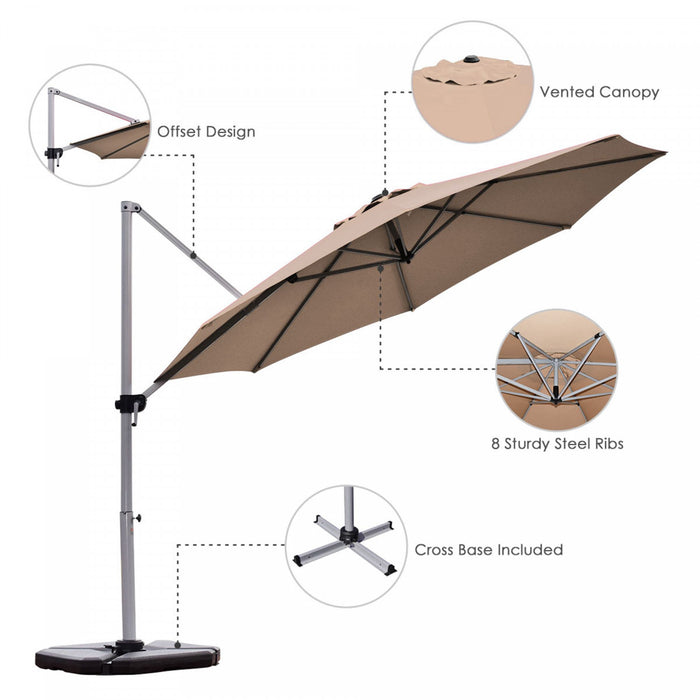 Costway 11' Patio Cantilever Offset Umbrella 360 degrees Rotation Aluminum Tilt Tan
