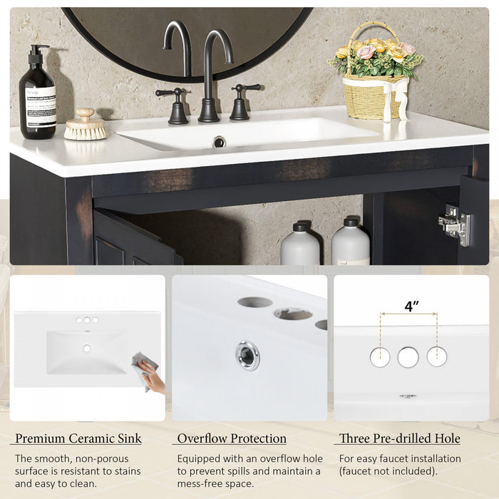 Laura 36\" Solid Wood Bathroom Vanity With Ceramic Sink,espresso Accent Cabinet