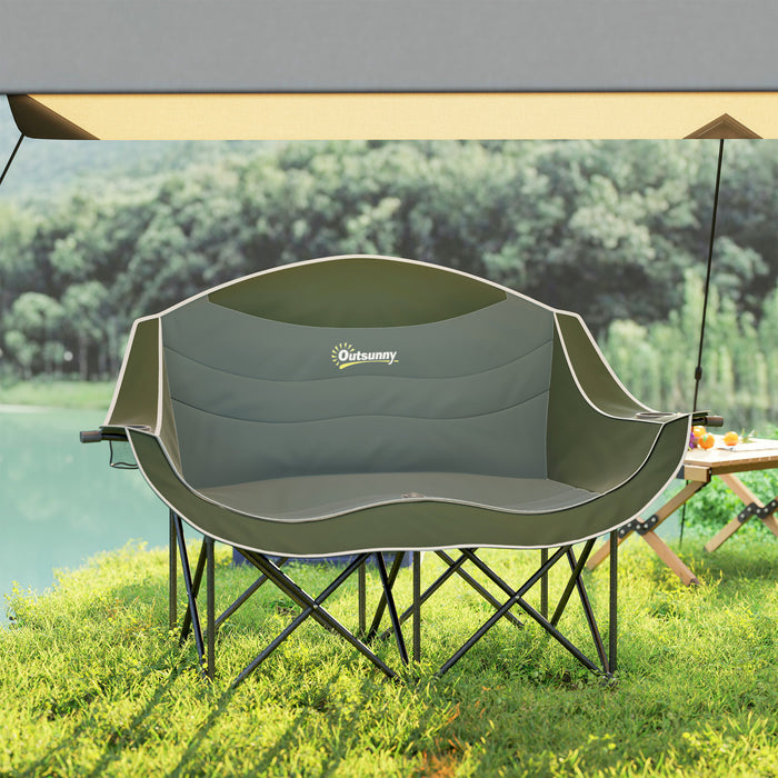 Outsunny Double Camping Chair, Padded Camp Chair w/ Cup Holders, Dark Green