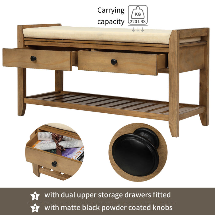 Stephanie Pine Wood Shoe Rack Bench With Cushioned Seat With Storage Drawers - Old Pine