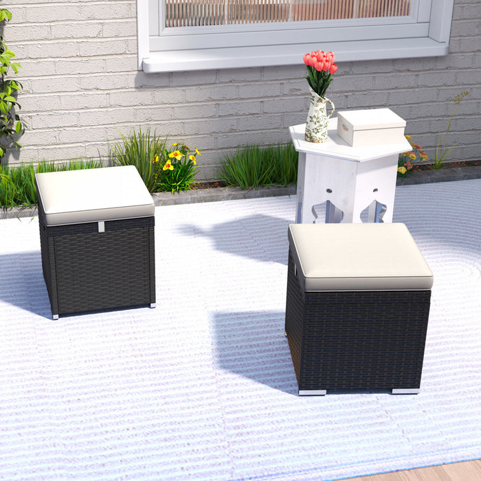 Outsunny 2 Pieces Wicker Outdoor Ottoman with Storage, Cushions, Light Grey