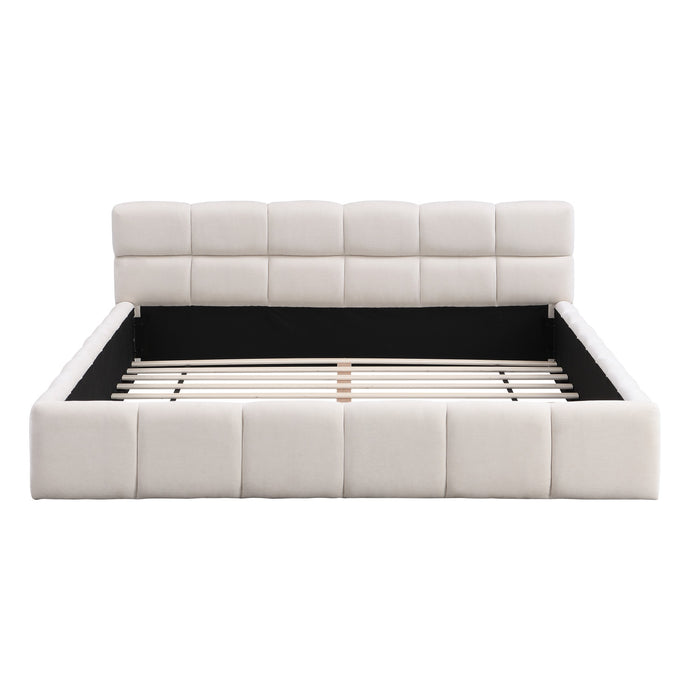 Eleanor Elegant Chenille Upholstered Bed with Checkerboard Design,Queen Size,Beige Queen Bed