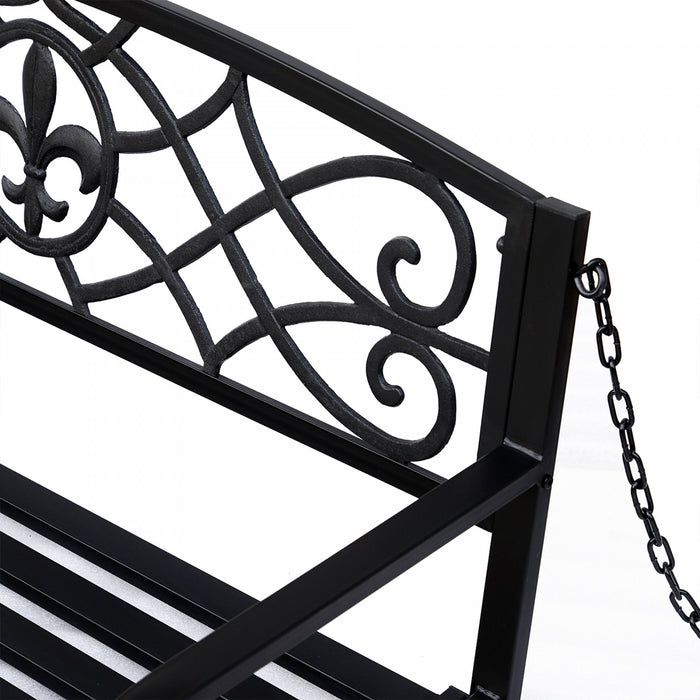 Outsunny 50\"l Steel Porch Swing Fleur-de-lis Patio Swing Chair Hanging Bench Outdoor 2-person Glider Chair Seat W/ Chain Antique Style Black