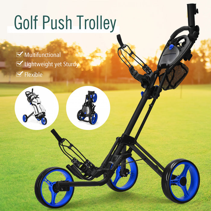 Goplus Folding 3 Wheels Golf Push Cart W/brake Scoreboard Adjustable Handle Blue