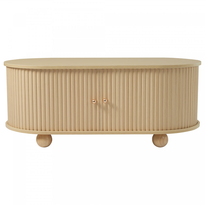 Ethan Oval Coffee Table with Sliding Doors and Hidden Storage,Natural Wood