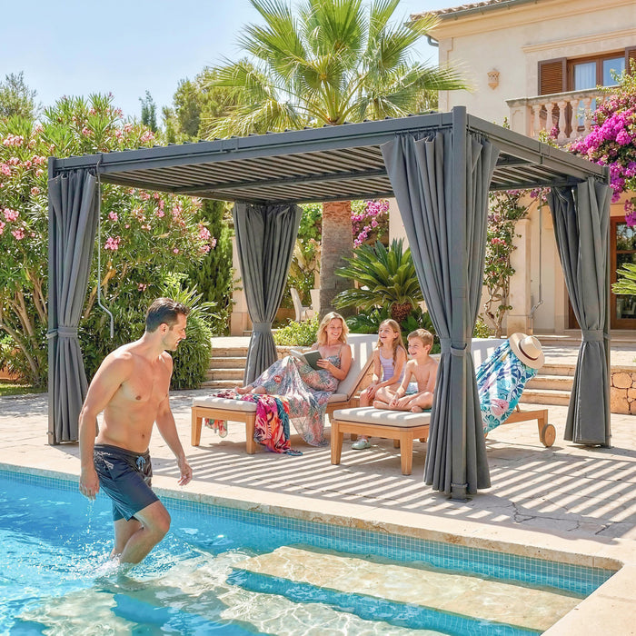 Outsunny 10 x 13 ft Outdoor Louvered Pergola with Steel Roof, Curtains, Grey