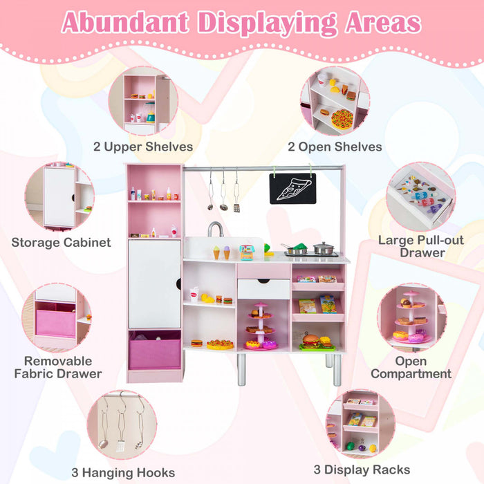 Costway 2-in-1 Kids Kitchen & Market With Realistic Light & Sound 82 Accessories Included