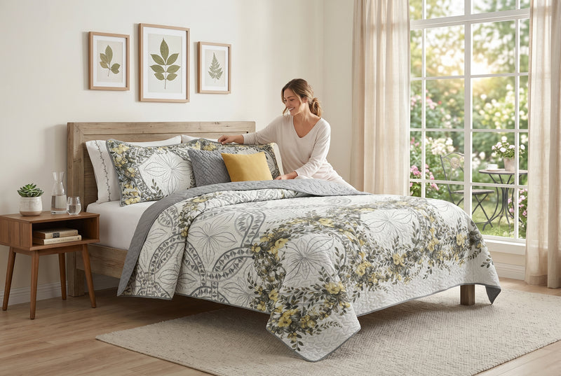Forever Yellow 3-Piece Reversible Floral Quilt Set King Size