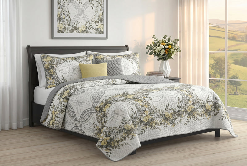 Forever Yellow 3-Piece Reversible Floral Quilt Set King Size
