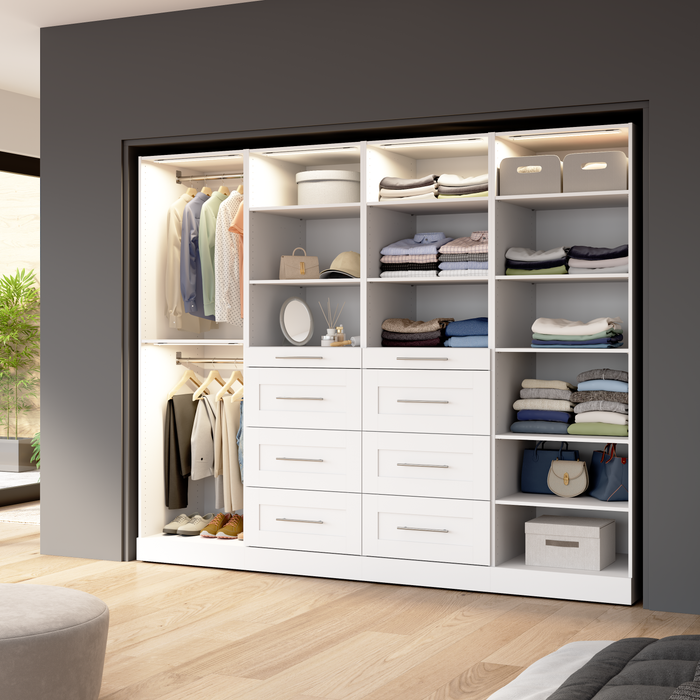 Bestar Florence 100\" Modular Reach-In/Walk-In Closet System with LED Lights, Rods, Shelves and Drawers Shaker Style - White