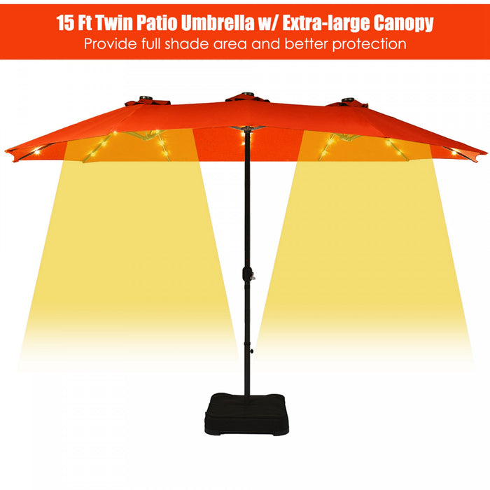 Costway 15Ft Patio Double-Sided Solar LED Market Umbrella Crank Base Orange