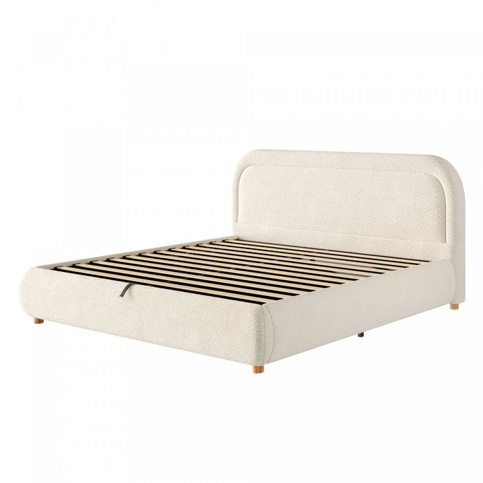 Sophia Space-Saving Hydraulic Lift Storage Platform Bed with Boucle Upholstery,Queen Size,Beige Queen Bed