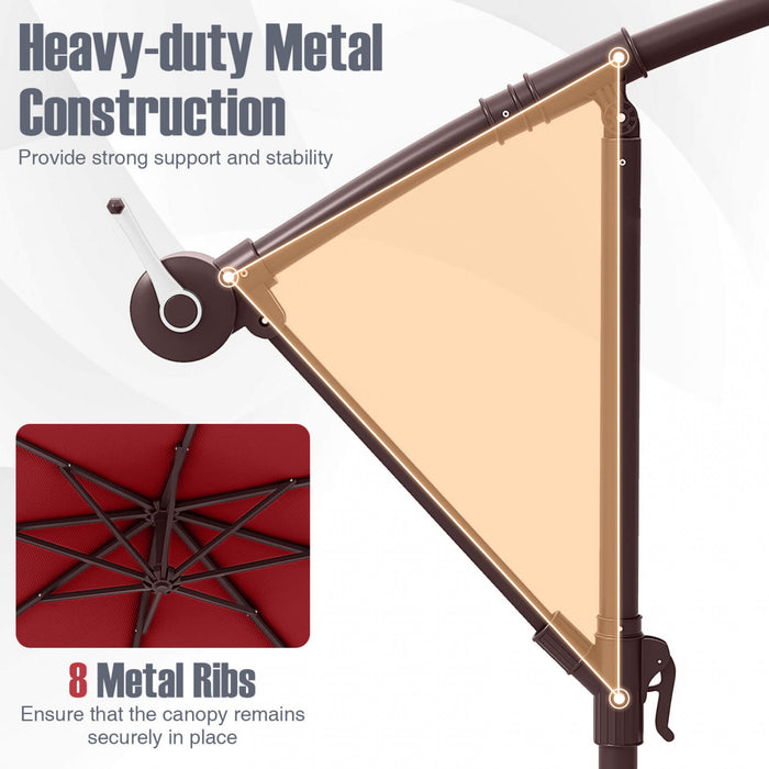 Costway Patio 10FT Hanging Offset Umbrella 32 LED Lights Sand Bag Outdoor Cross Base Wine