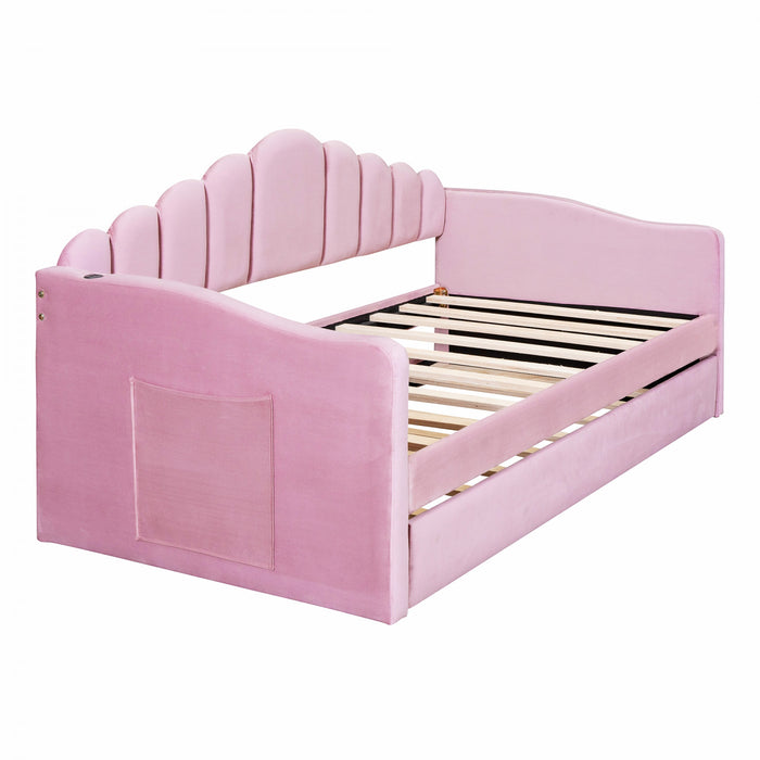 Lily Upholstered Daybed with Trundle and USB Charging Ports,Twin Size,Pink Twin Bed