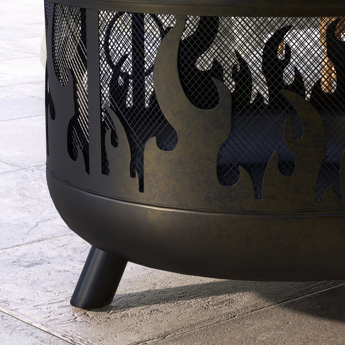Outsunny 24\" Round Outdoor Fire Pit 2-in-1 Firepit Bowl W/ Lid, Grill