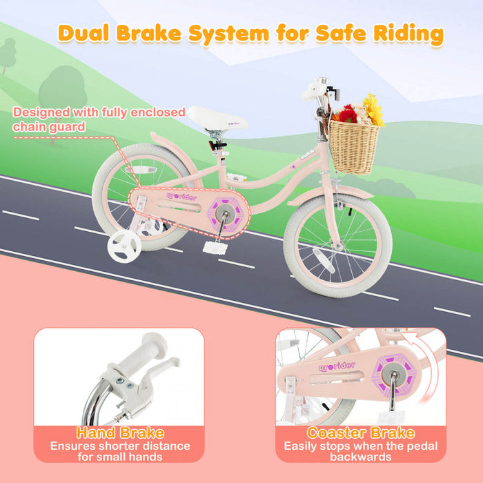 Costway 16\" Kid's Bike With Training Wheels Adjustable Handlebar Seat Handbrake Pink