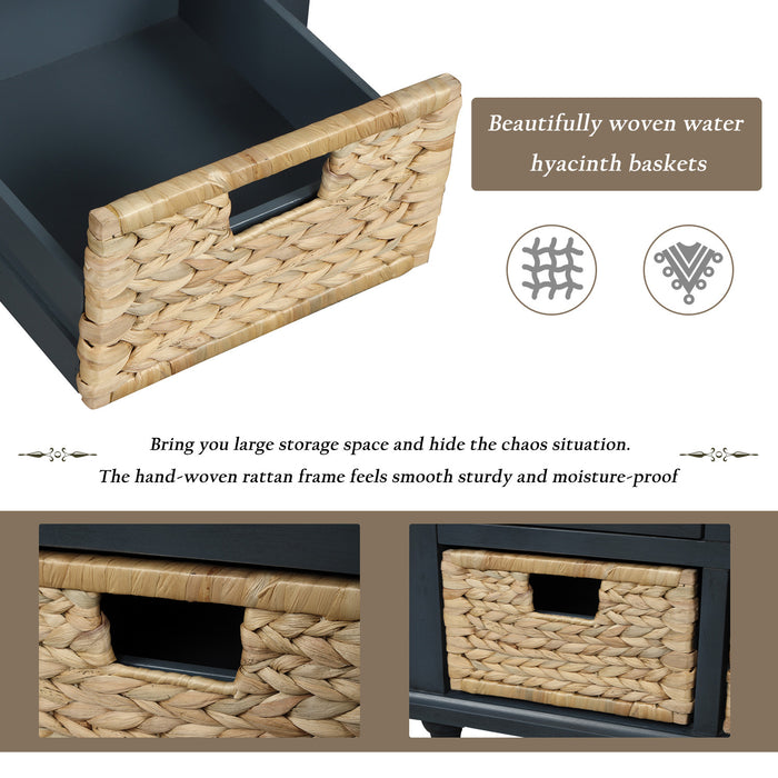 Harvey Solid Wood Storage Bench With Drawers And Rattan Baskets,antique Navy