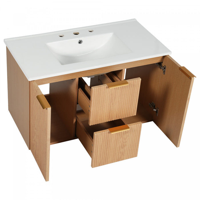 Aiden 36-Inch Wall-Mounted Bathroom Vanity with Soft-Close Storage and Ceramic Sink,Wood