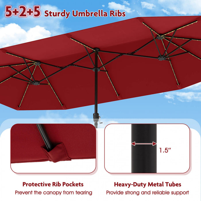 Costway 13 FT Large Patio Umbrella with LED Solar Lights Crank Handle 12 Heavy-Duty Ribs Wine