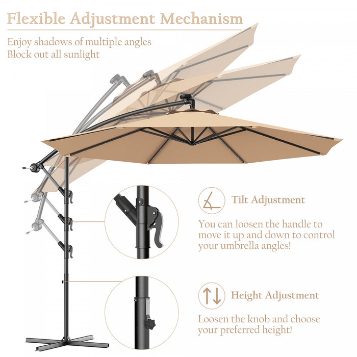 Costway 10' Hanging Solar LED Umbrella Patio Sun Shade Offset Market W/ Base Beige