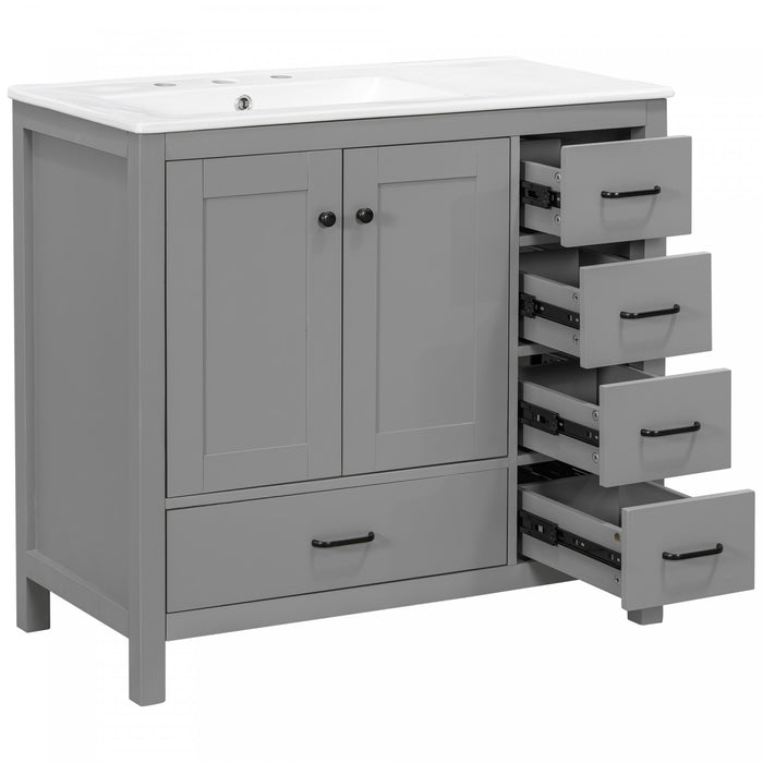 Derek 36 Inch Modern Bathroom Vanity with Ceramic Sink & Multi Storage, Grey